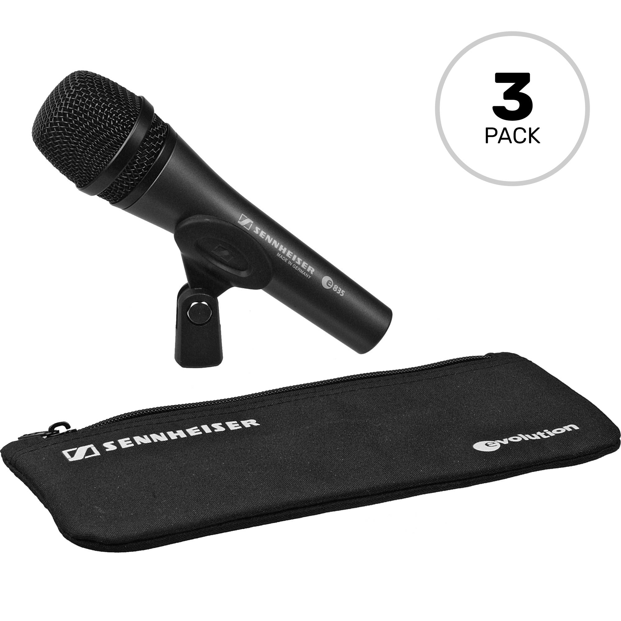 Sennheiser e 835 Handheld Cardioid Dynamic Vocal Microphone (3 Pack with 3 FREE 20' XLR Cables)