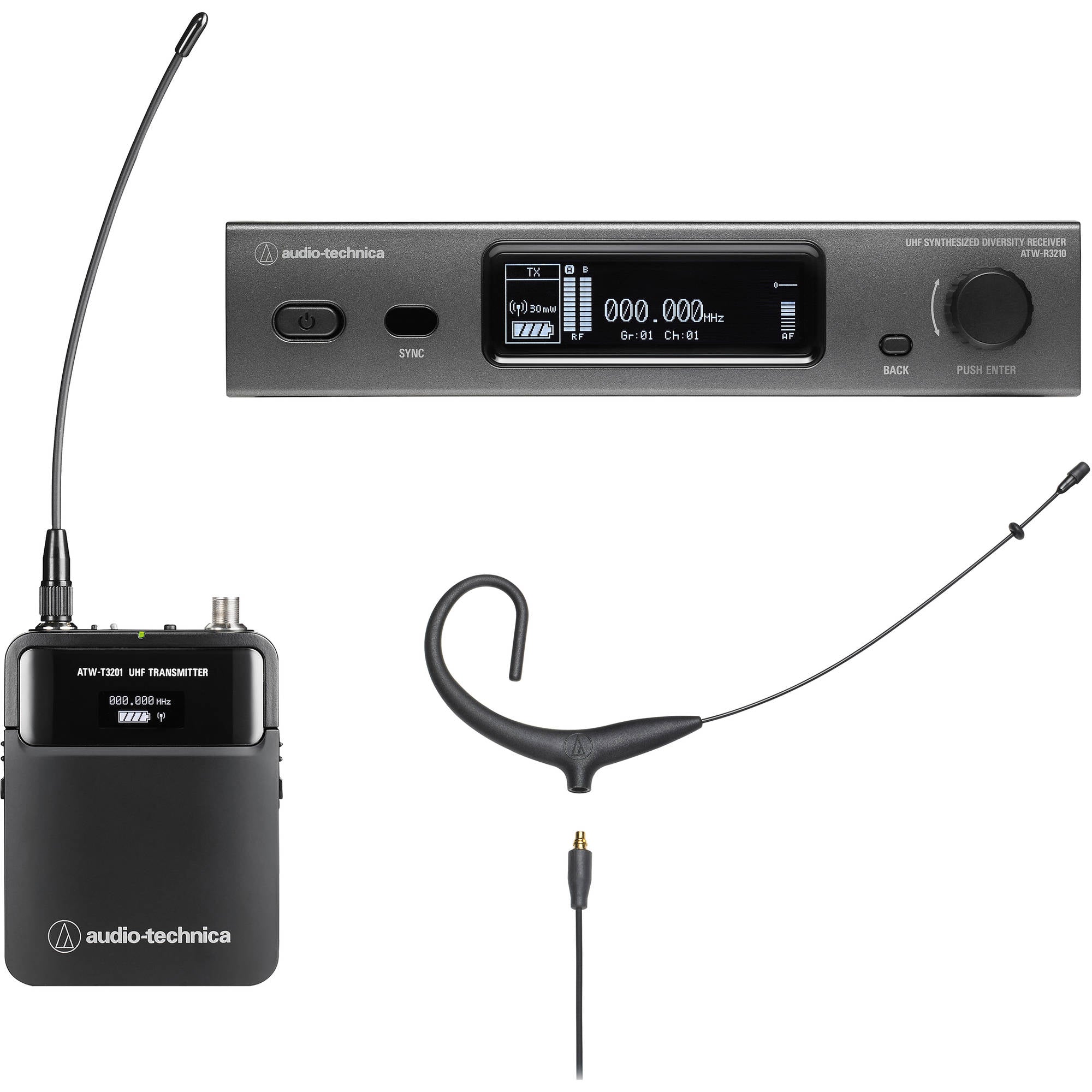 Audio-Technica ATW-3211/892x Wireless Omni Earset Microphone System (Black, 530-590 MHz)