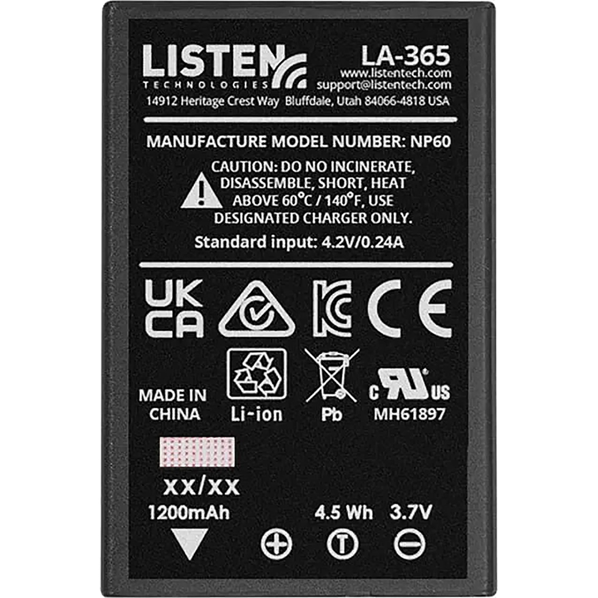 Listen Technologies LA-365 Replacement Rechargeable Li-ion Battery