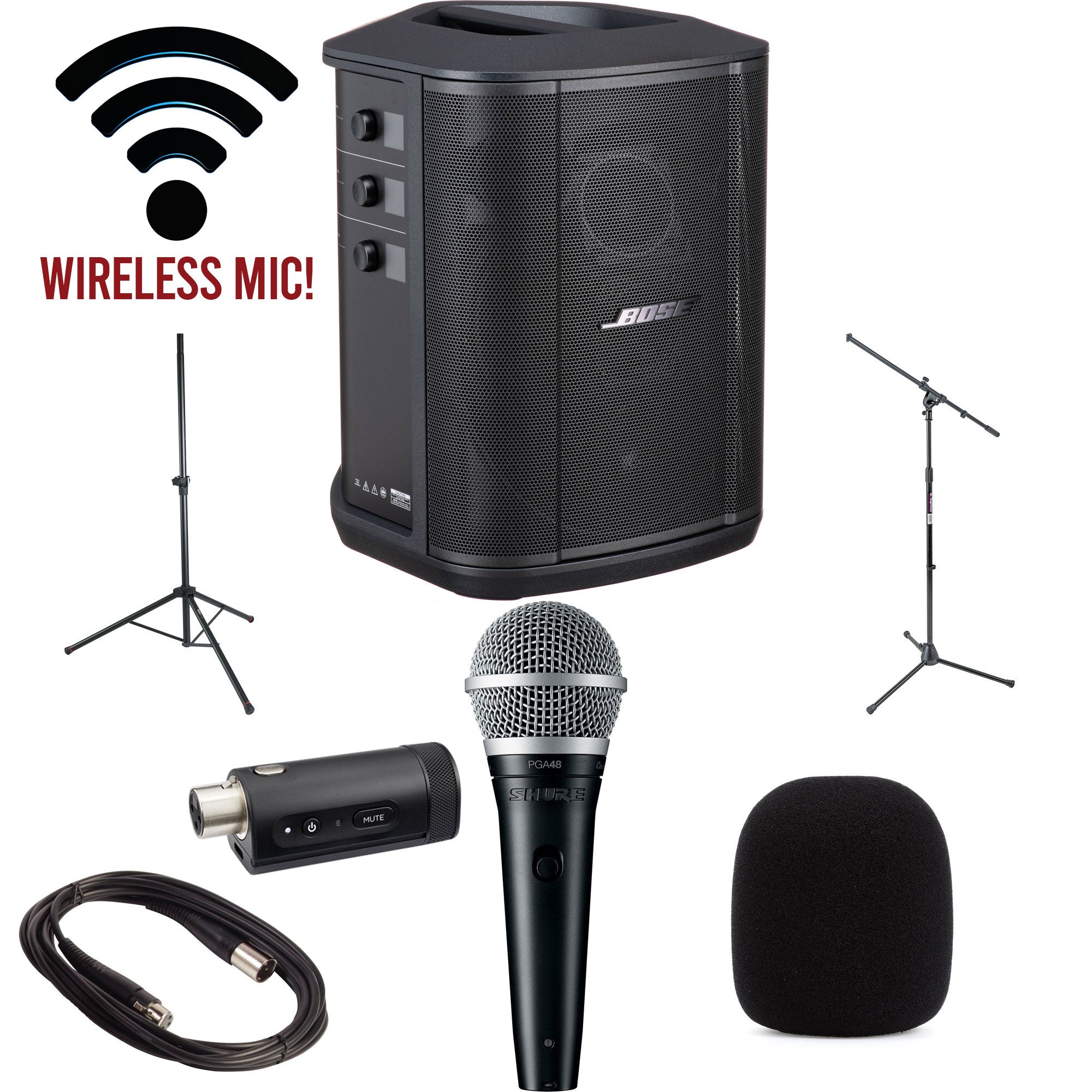 Bose S1 Pro+ Wireless PA Bundle with Speaker Stand, Wireless Microphone, Mic Stand, and Accessories