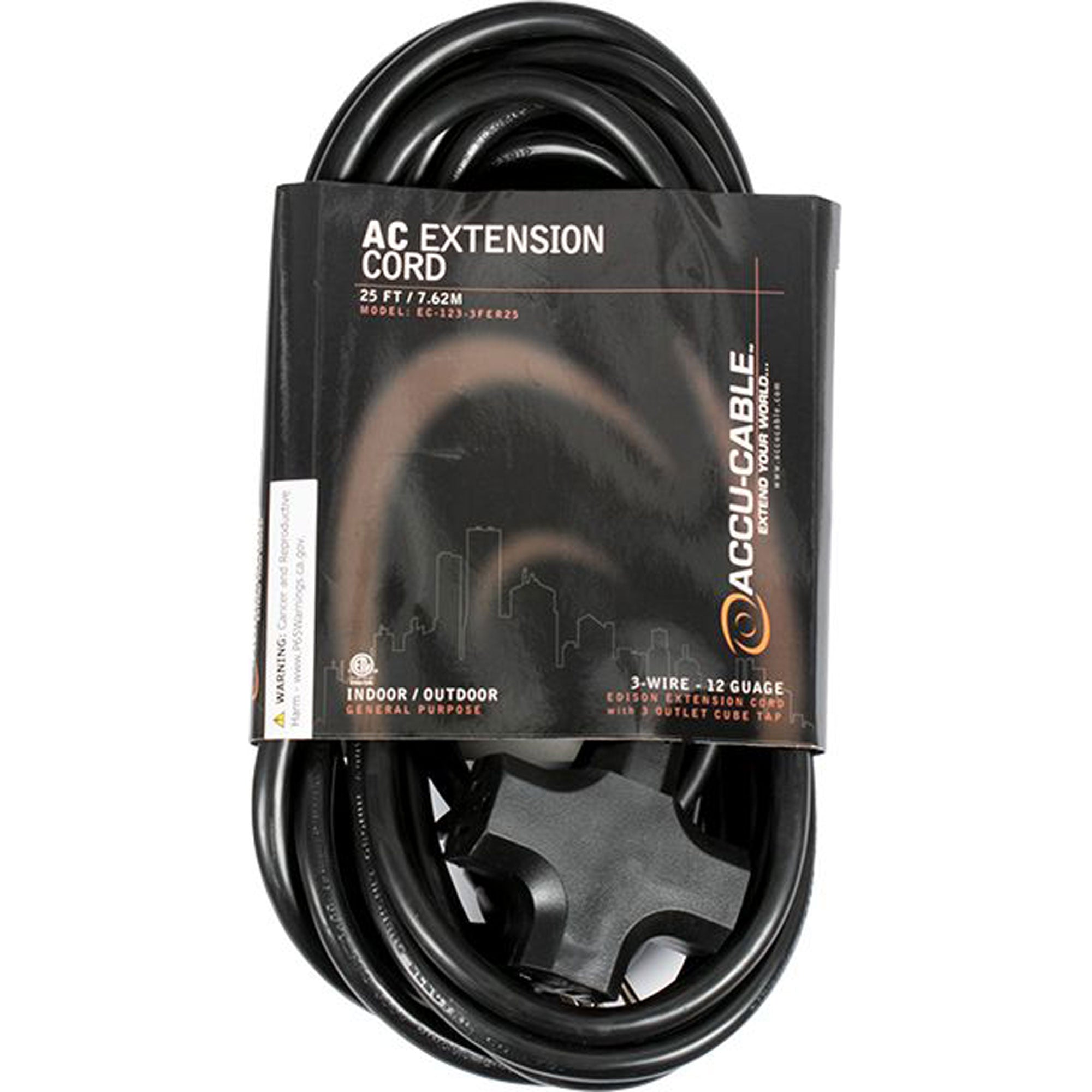 American DJ Accu-Cable EC123-3FER25 12AWG Edison AC Power Extension Cord with 3 Plugs (25', Black)