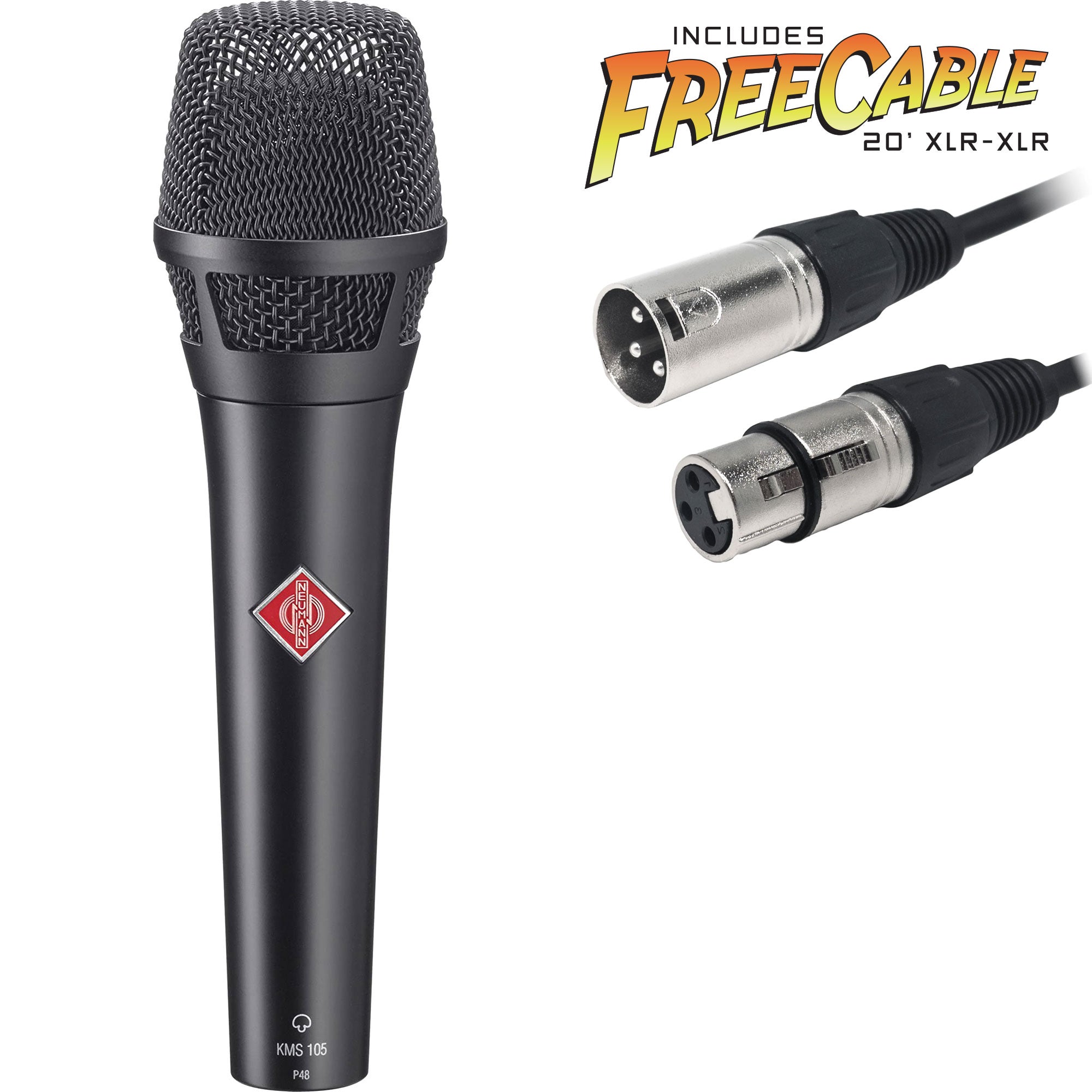 Neumann KMS 105 Supercardioid Condenser Handheld Microphone with FREE 20' XLR Cable (Black)