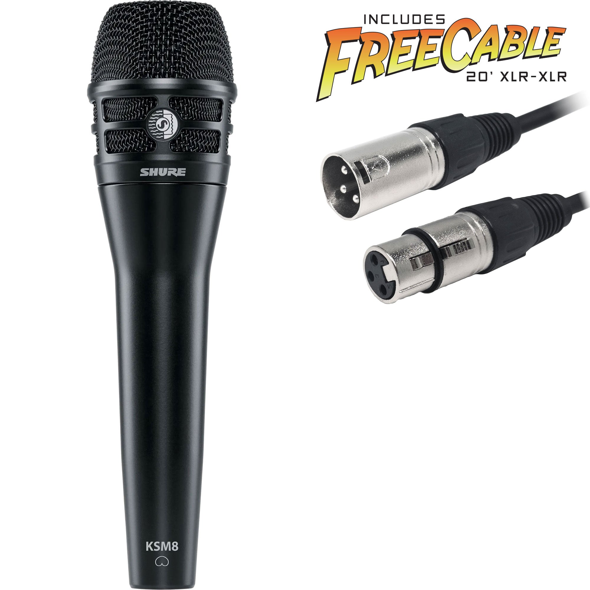 Shure KSM8 Dualdyne Dynamic Cardioid Handheld Vocal Microphone with FREE 20' XLR Cable (Black)