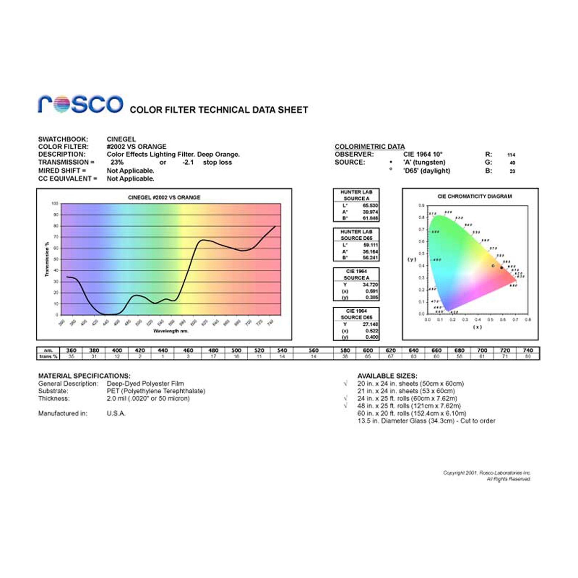 Rosco #2002 Roscolux Cinegel Filter Gel Storaro Orange (24" x 25' Roll)