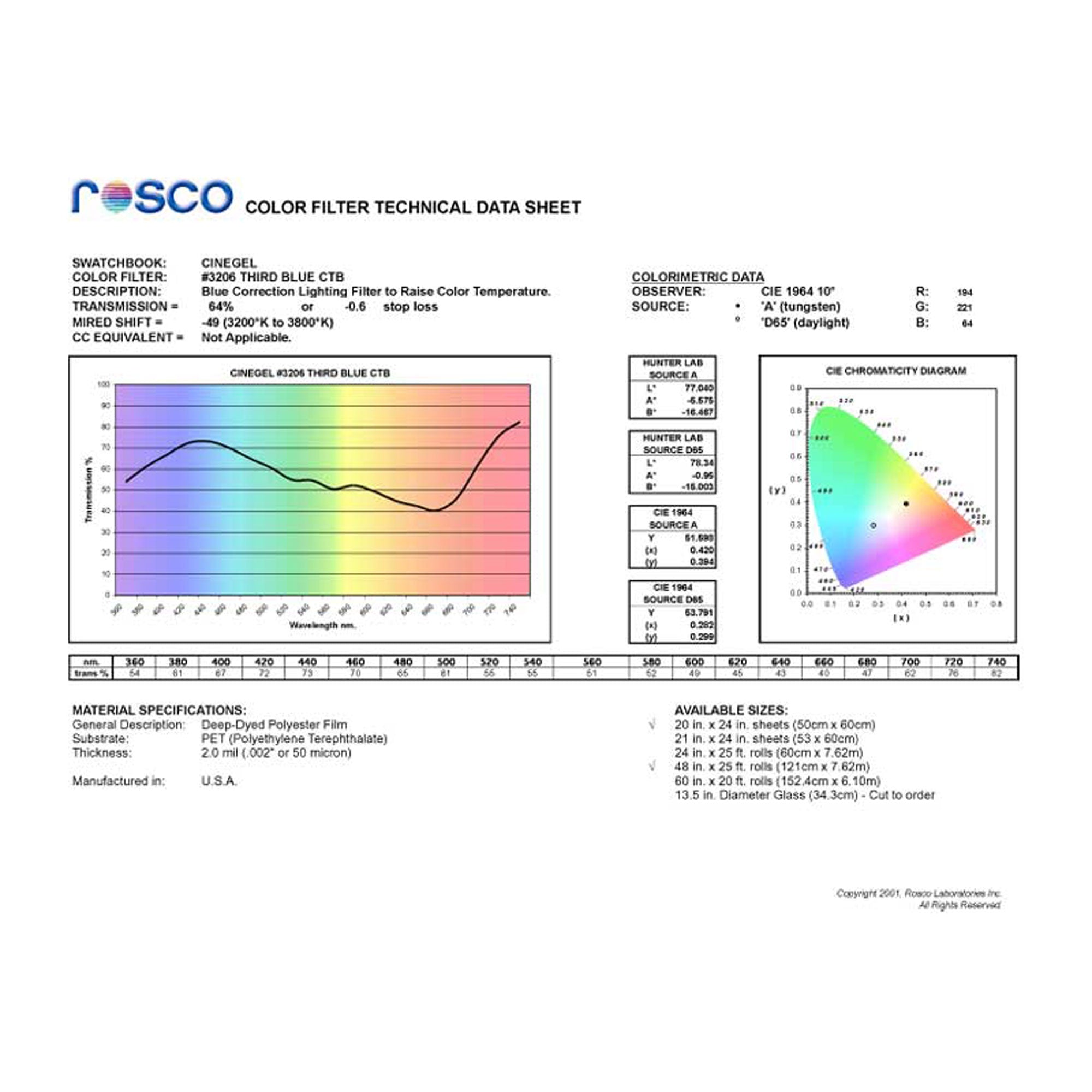 Rosco #3206 Roscolux Cinegel Filter Gel 1/3 Third Blue CTB (24" x 25' Roll)