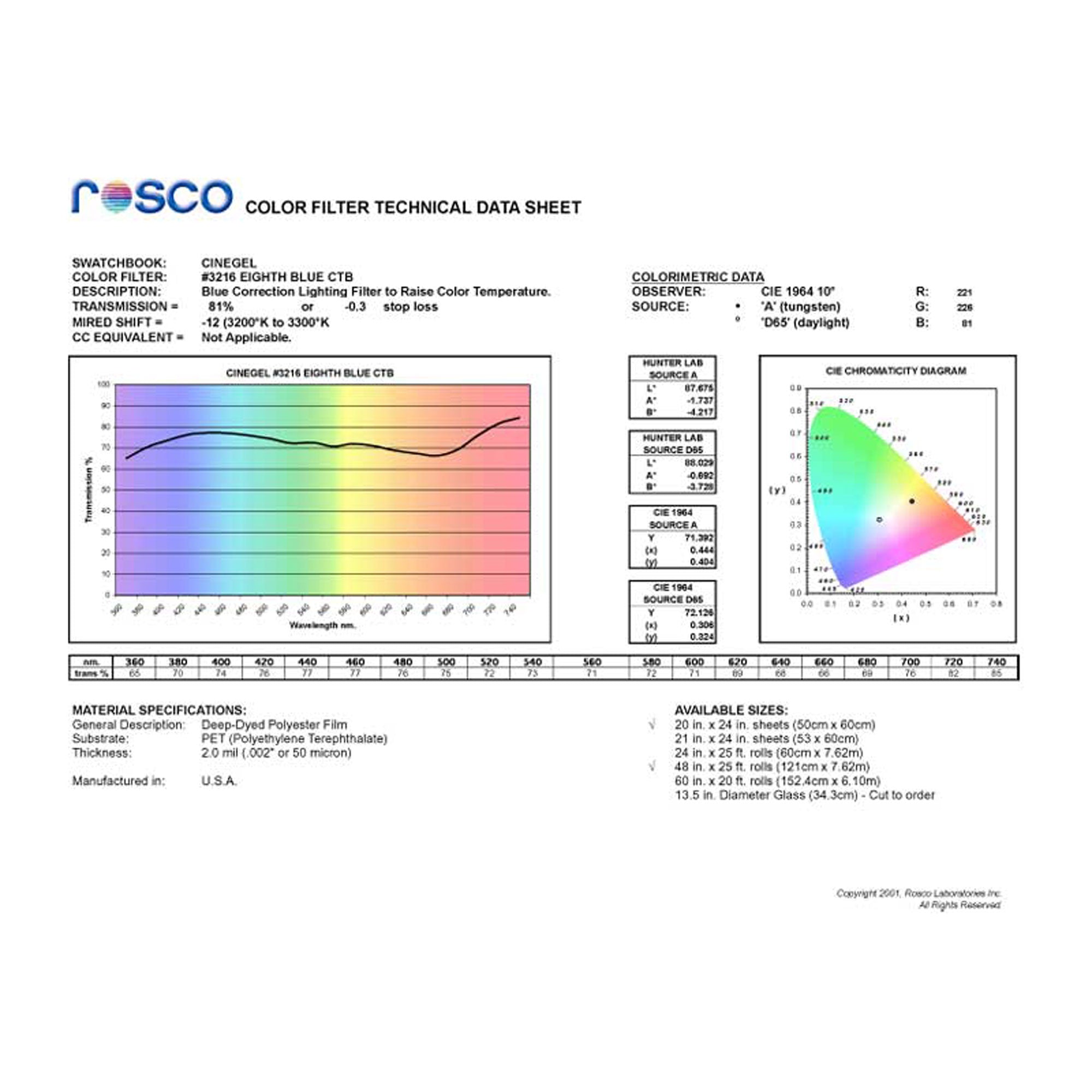 Rosco #3216 Roscolux Cinegel Filter Gel 1/8 Eighth Blue CTB (24" x 25' Roll)