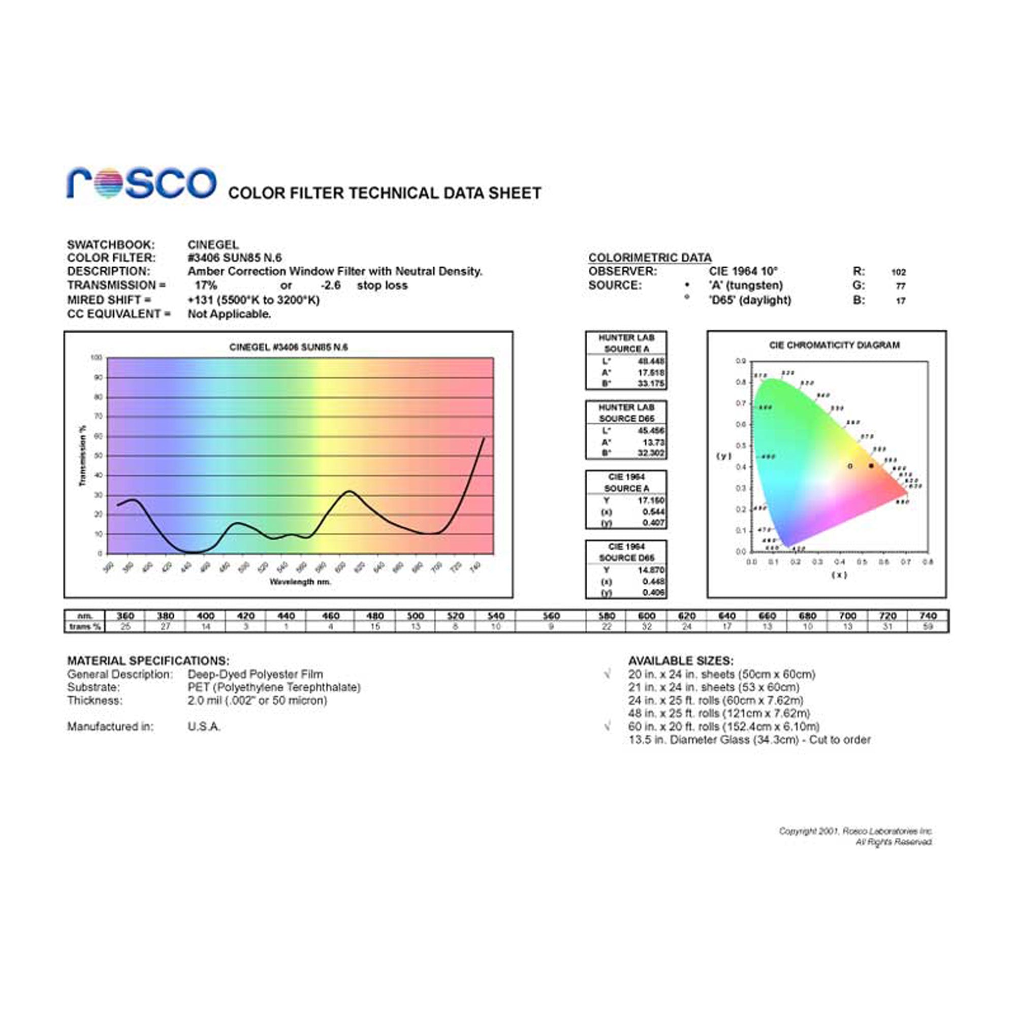 Rosco #3406 Roscolux Cinegel Filter Gel Roscosun 85 N.6 (24" x 25' Roll)