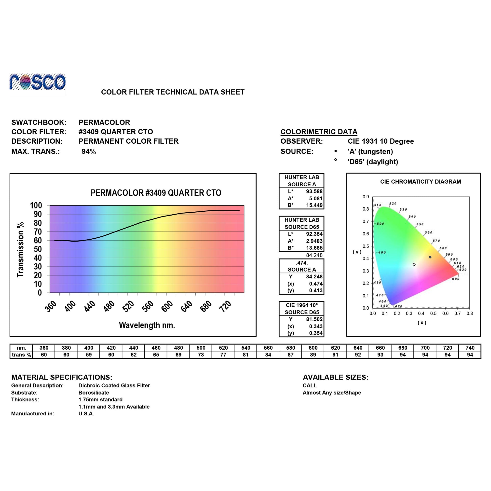 Rosco #3409 Roscolux Cinegel Filter Gel Roscosun 1/4 CTO (24" x 25' Roll)