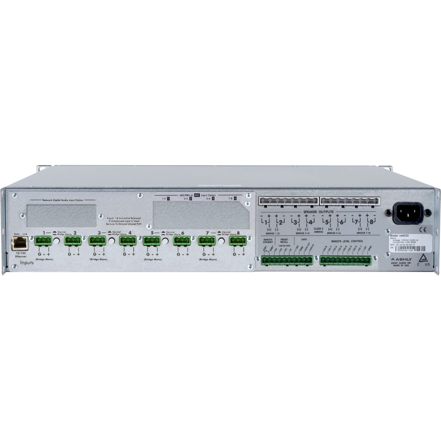 Ashly ne8250.25pe 8-Channel Network Amplifier with Protea DSP (8 x 250W @ 25V)