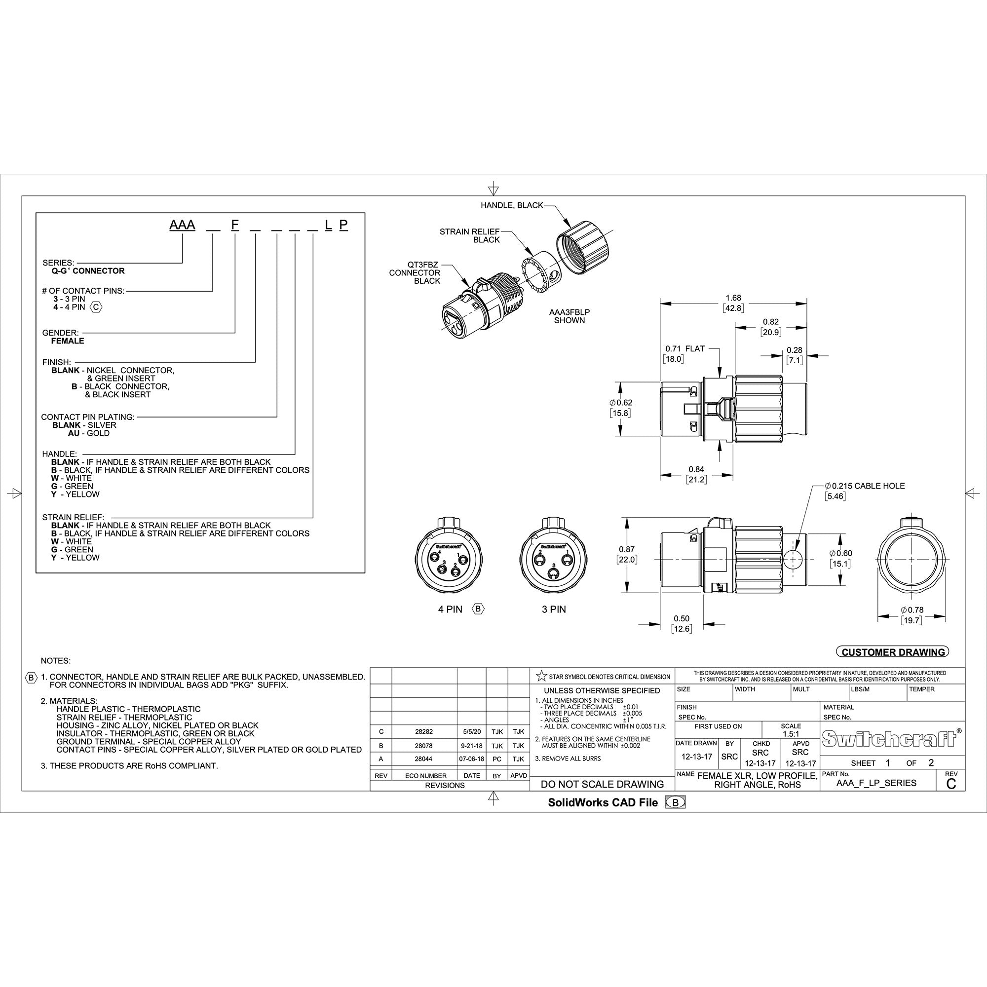 Switchcraft AAA3FBWWLP Low Profile Right-Angle Female 3-Pin XLR Cable Connector (White, 10 Pack)