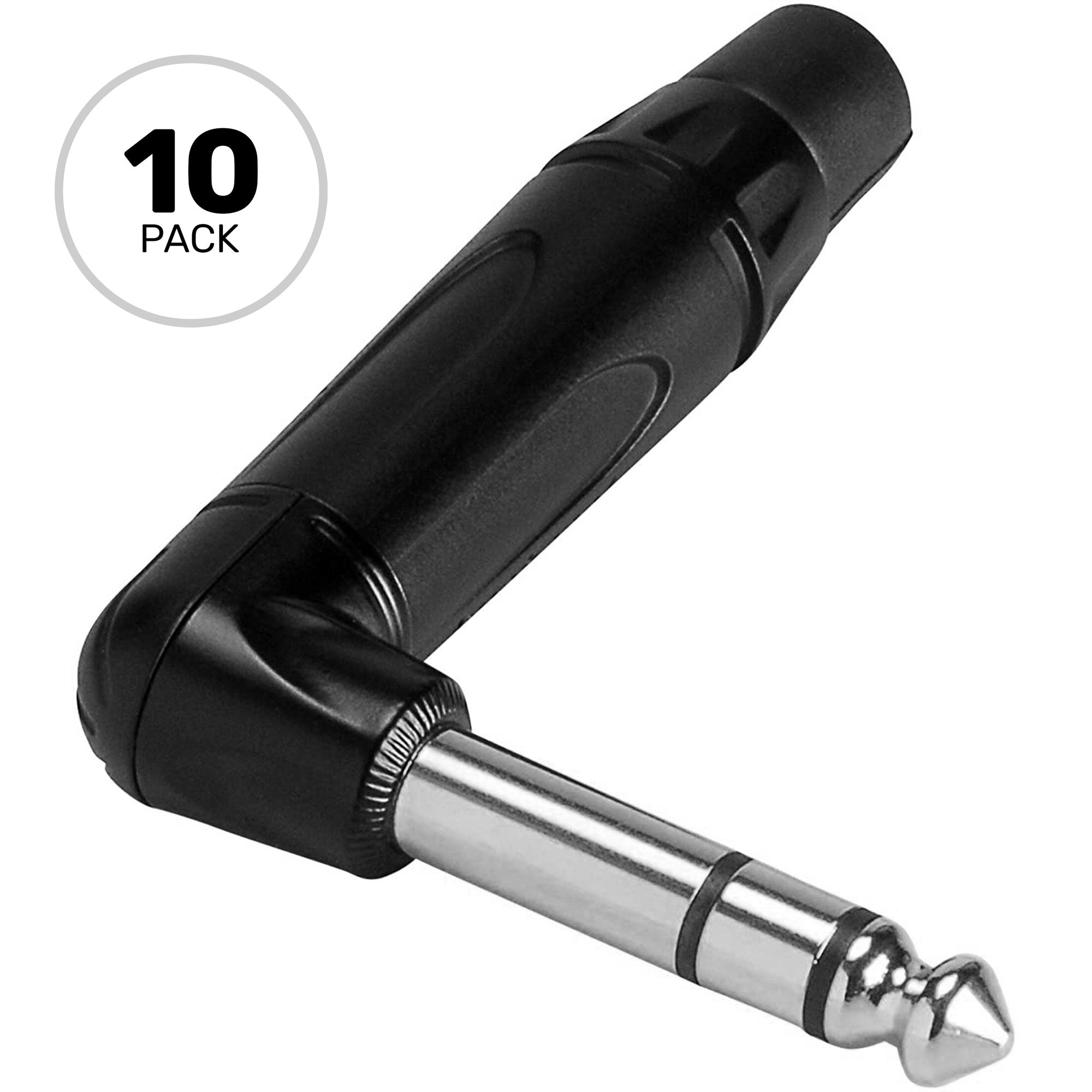 Amphenol ACPS-TB Professional Right-Angle 1/4" TRS Stereo Phone Plug (Black/Silver, 10 Pack)