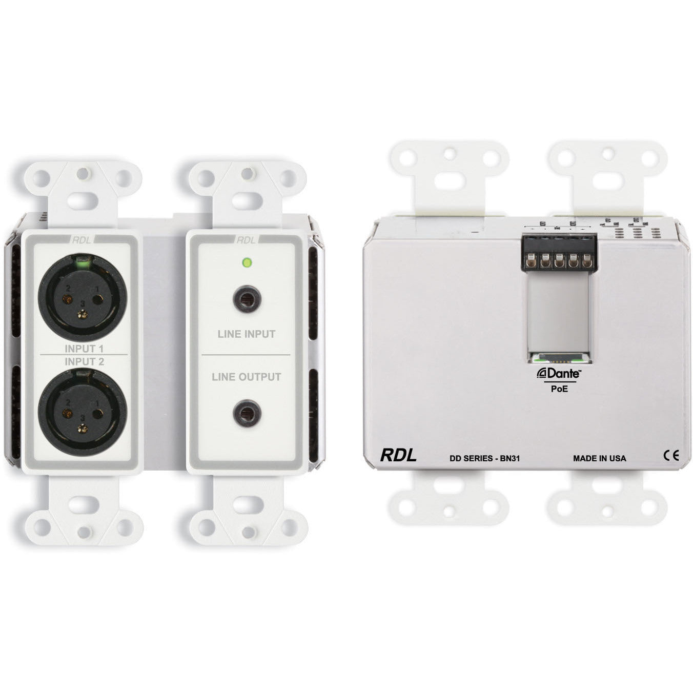 RDL DD-BN31 Bi-Directional Mic/Line Dante Interface 4x4 on Decora Plate (White)