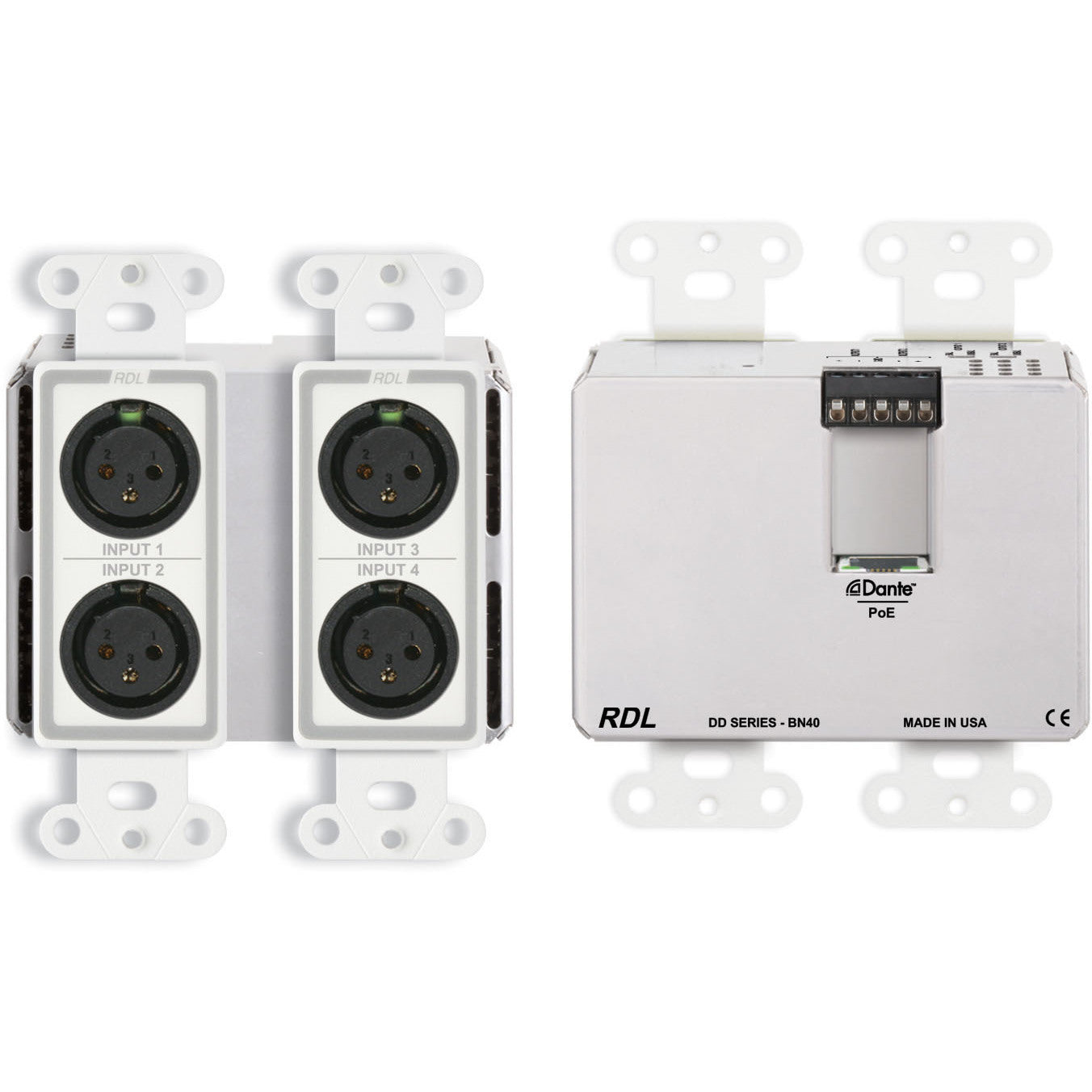 RDL DD-BN40 Bi-Directional Mic/Line Dante Interface 4x2 on Decora Plate (White)