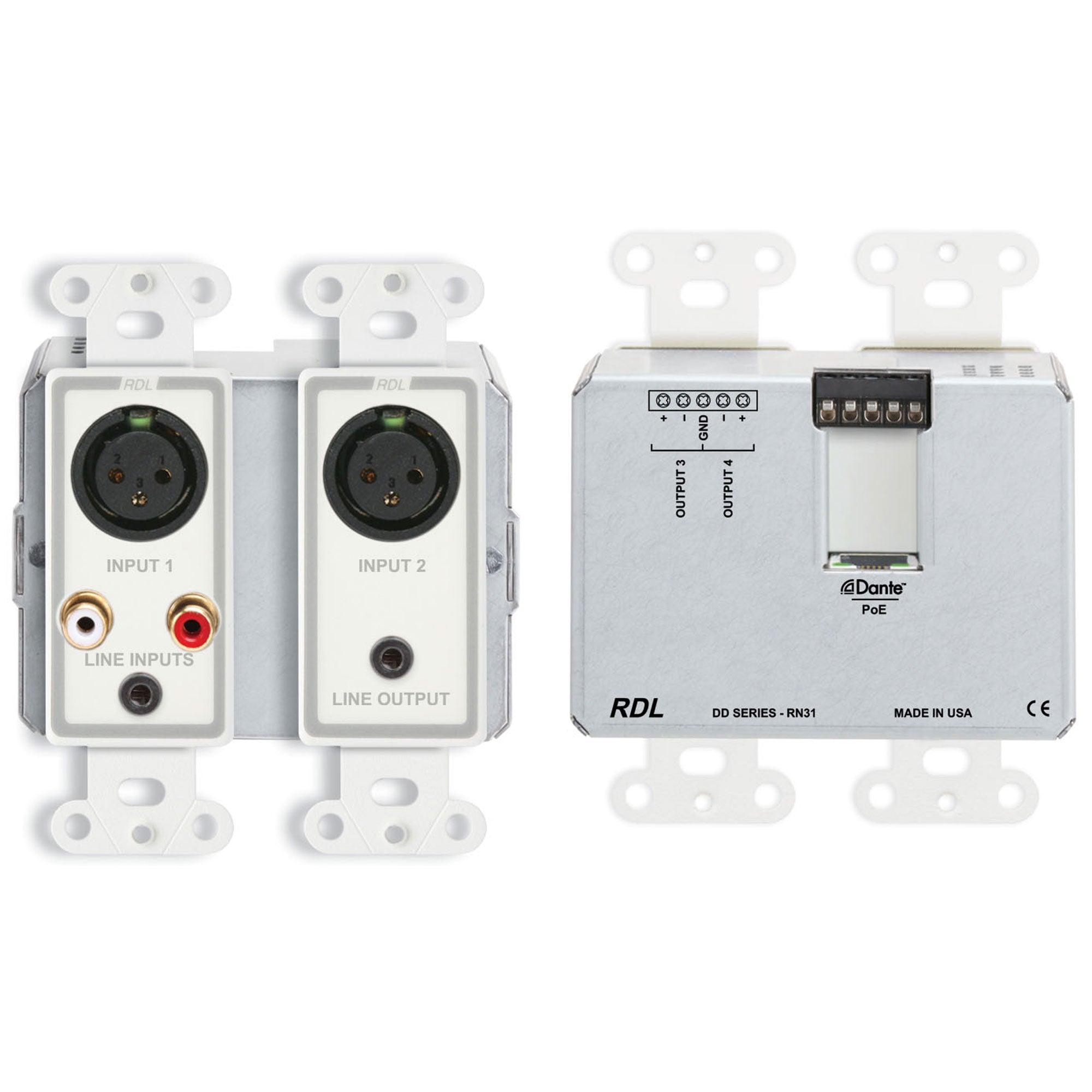 RDL DD-RN31 Bi-Directional Mic/Line Dante Interface 4x4 on Decora Plate (White)