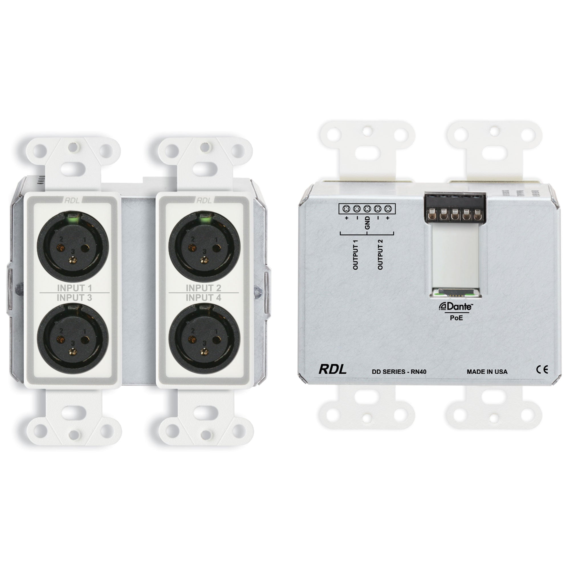 RDL DD-RN40 Bi-Directional Mic/Line Dante Interface 4x2 on Decora Plate (White)