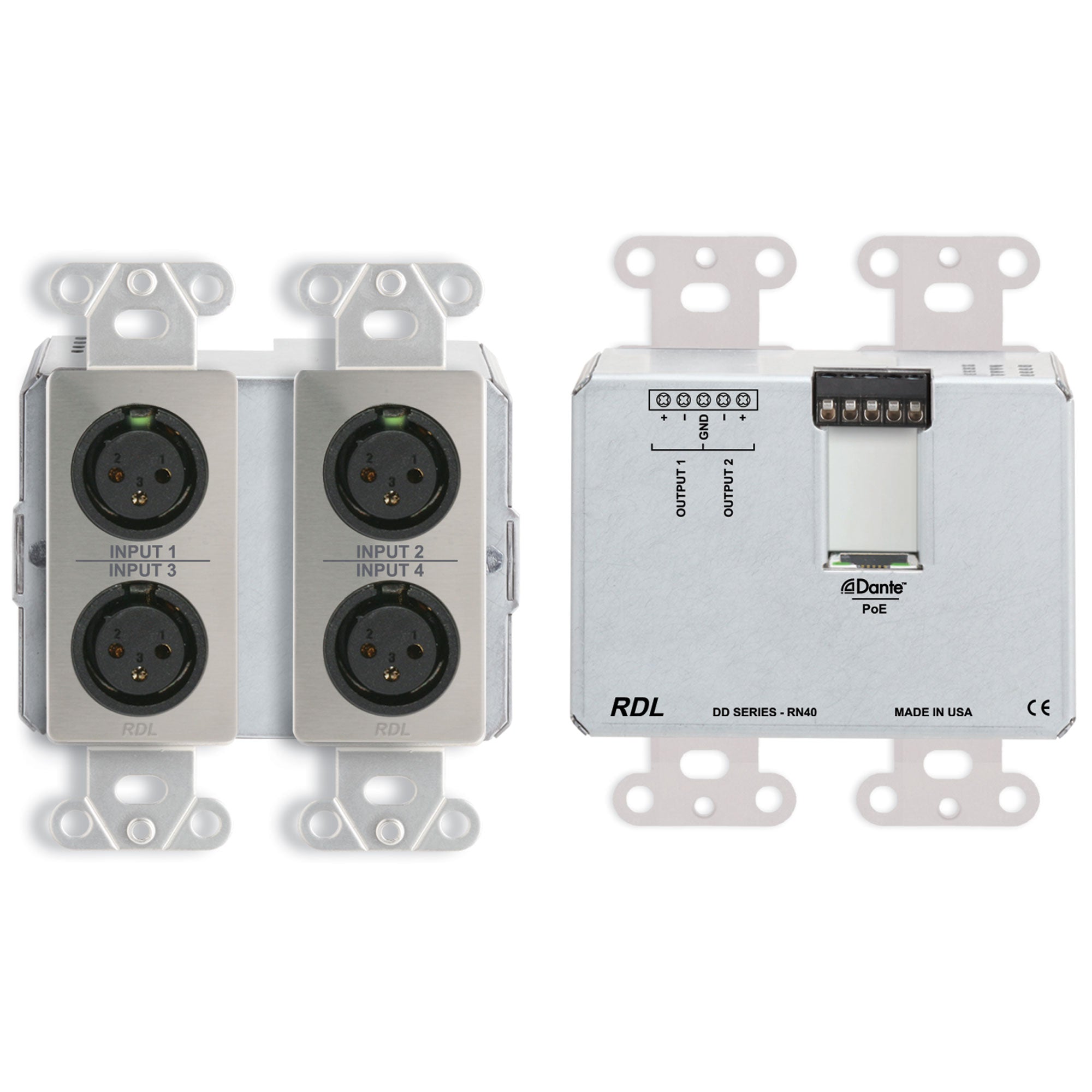 RDL DDS-RN40 Bi-Directional Mic/Line Dante Interface 4x2 on Decora Plate (Stainless Steel)