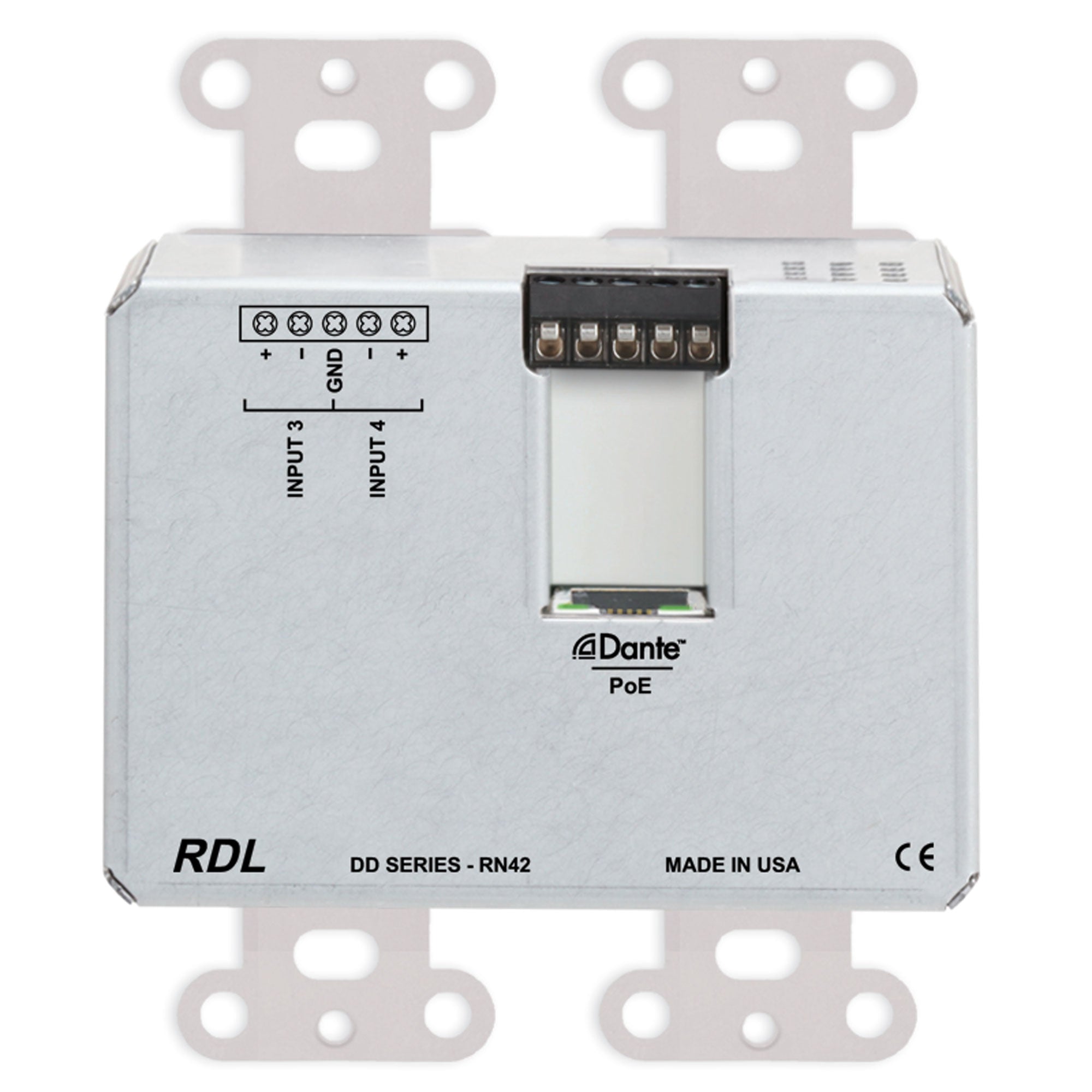 RDL DDS-RN42 Bi-Directional Mic/Line Dante Interface 4x2 on Decora Plate (Stainless Steel)