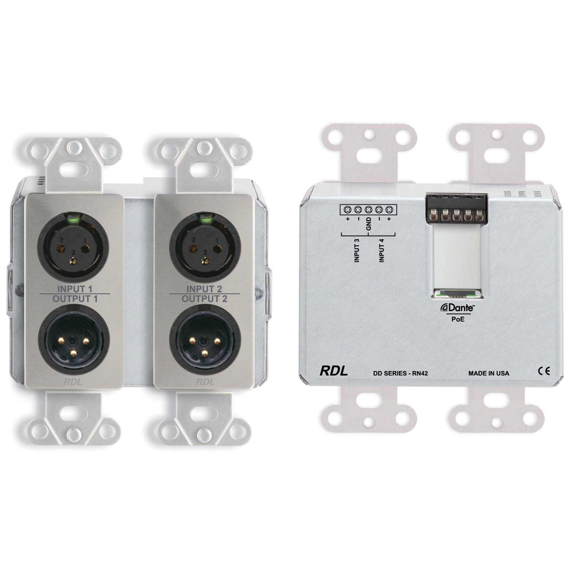 RDL DDS-RN42 Bi-Directional Mic/Line Dante Interface 4x2 on Decora Plate (Stainless Steel)