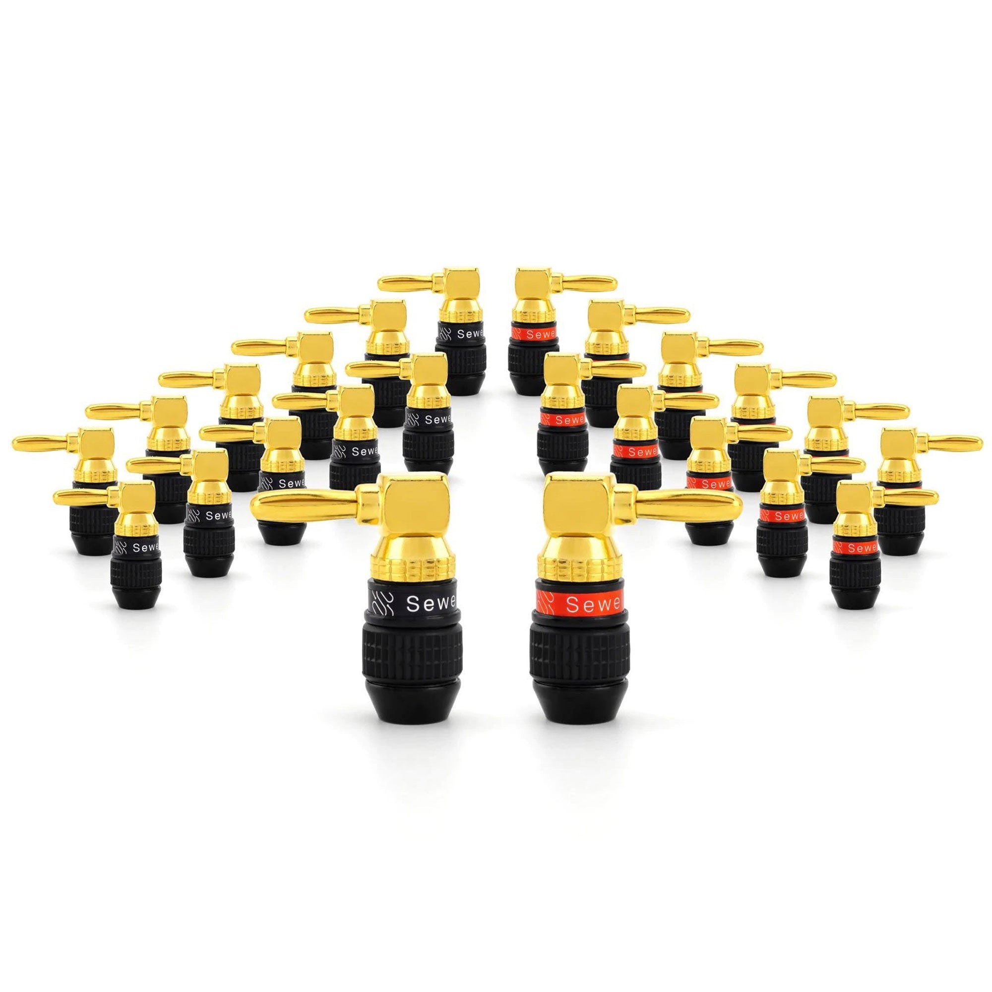 Sewell Deadbolt Gold Plated Right Angle Compression Banana Plugs Box of 12 Pairs (12 Red & 12 Black)