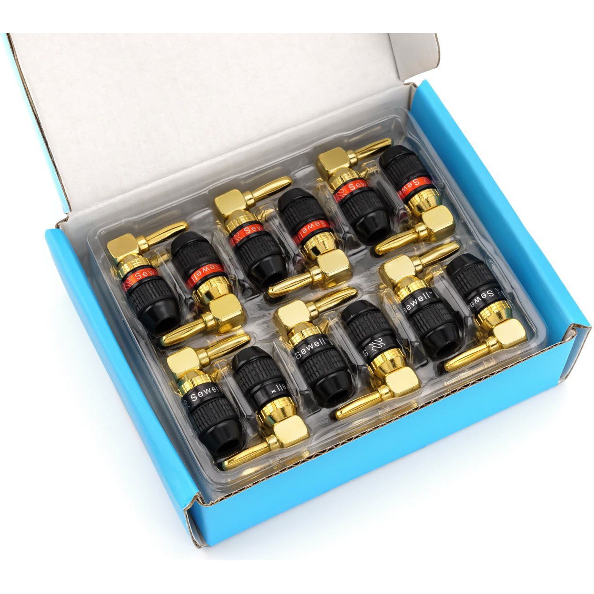 Sewell Deadbolt Gold Plated Right Angle Compression Banana Plugs Box of 12 Pairs (12 Red & 12 Black)