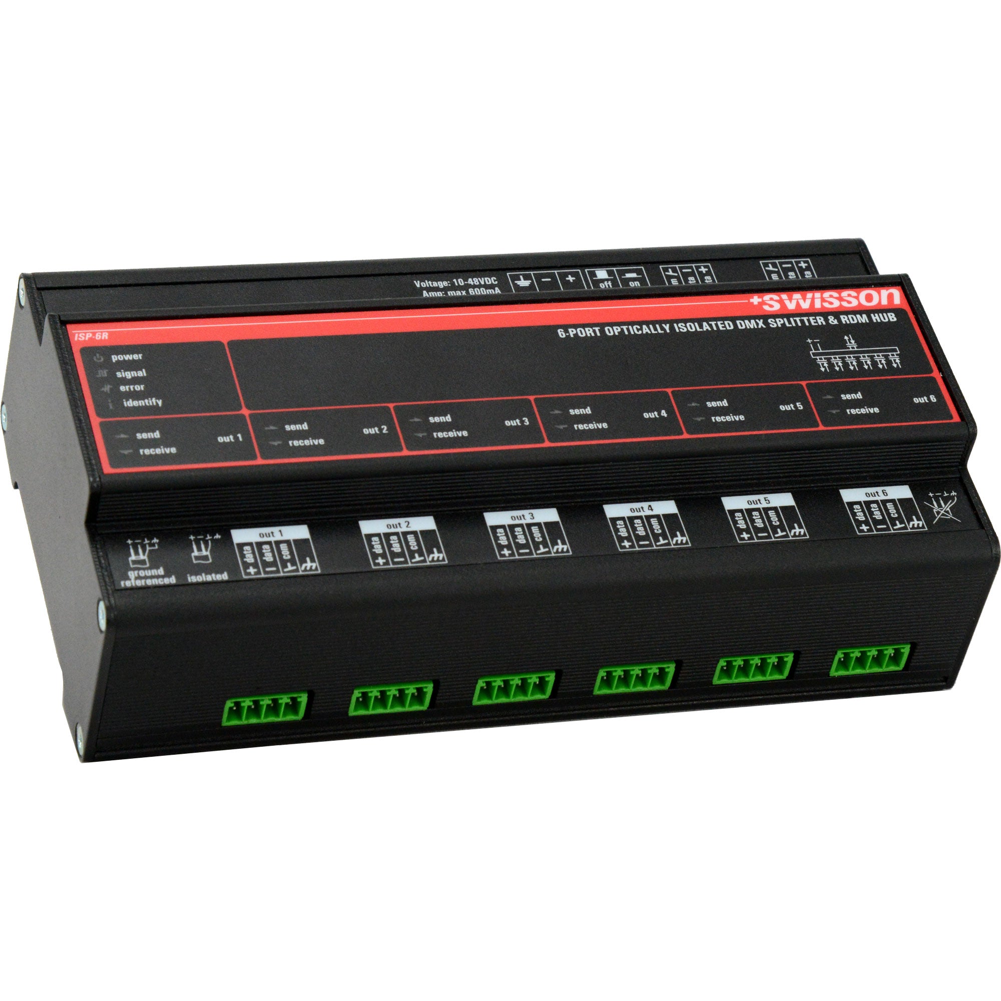 Swisson ISP-6R-DC-RJ45A DIN Rail Mountable, DMX & RDM Splitter, 6 Outputs, RJ45, ANSI E1.11 Pinout