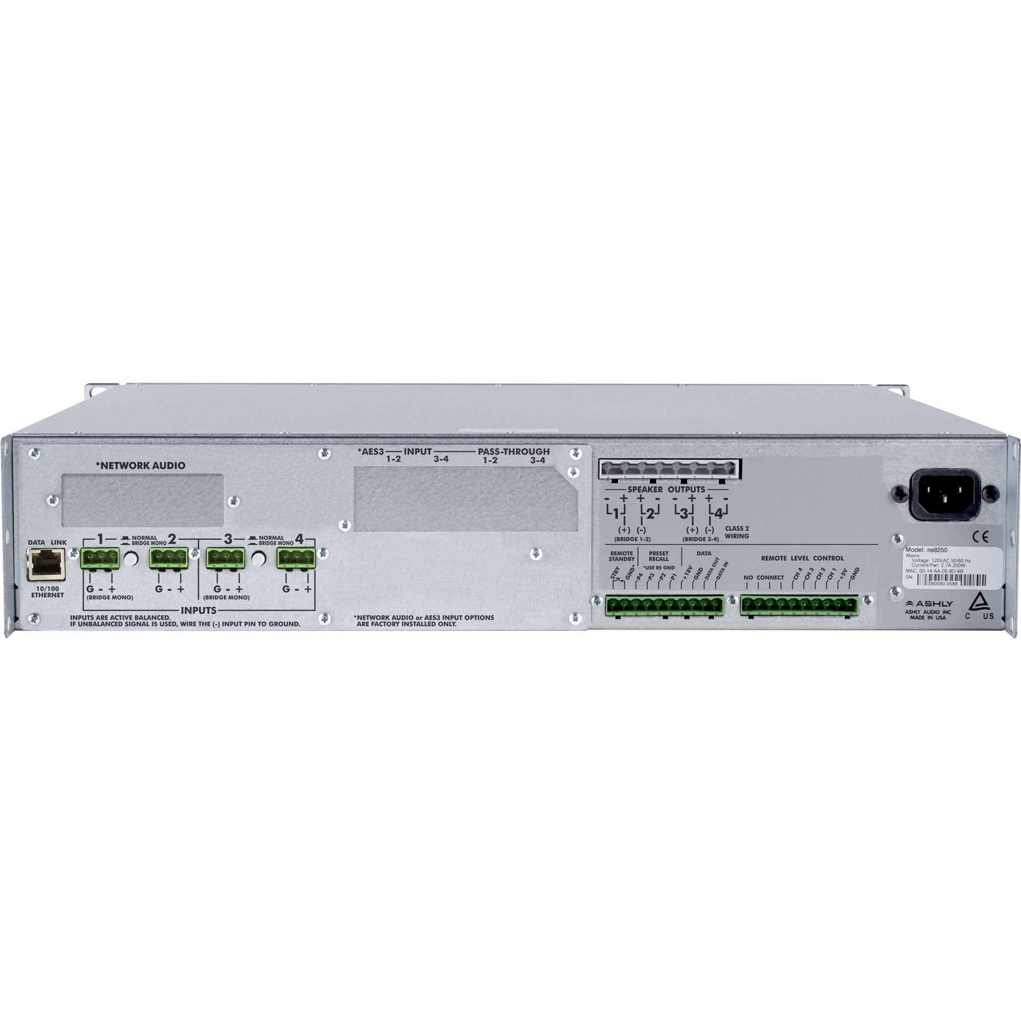 Ashly ne4250.25pe 4-Channel Network Amplifier with Protea DSP (4 x 250W @ 25V)