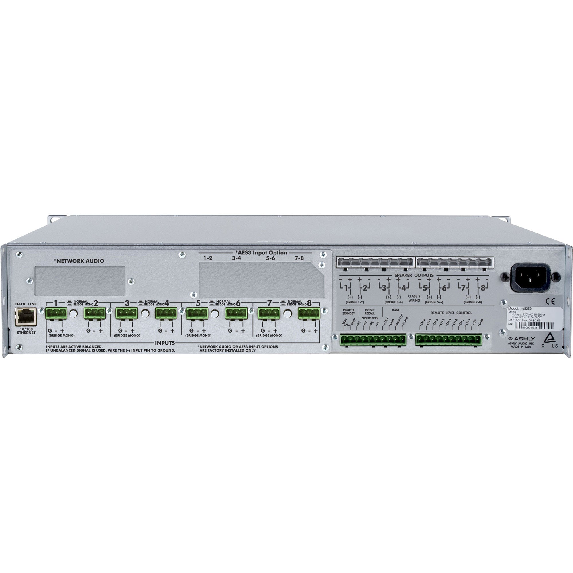 Ashly ne8250.70 8-Channel Network Amplifier with Dante (8 x 250W @ 70V)