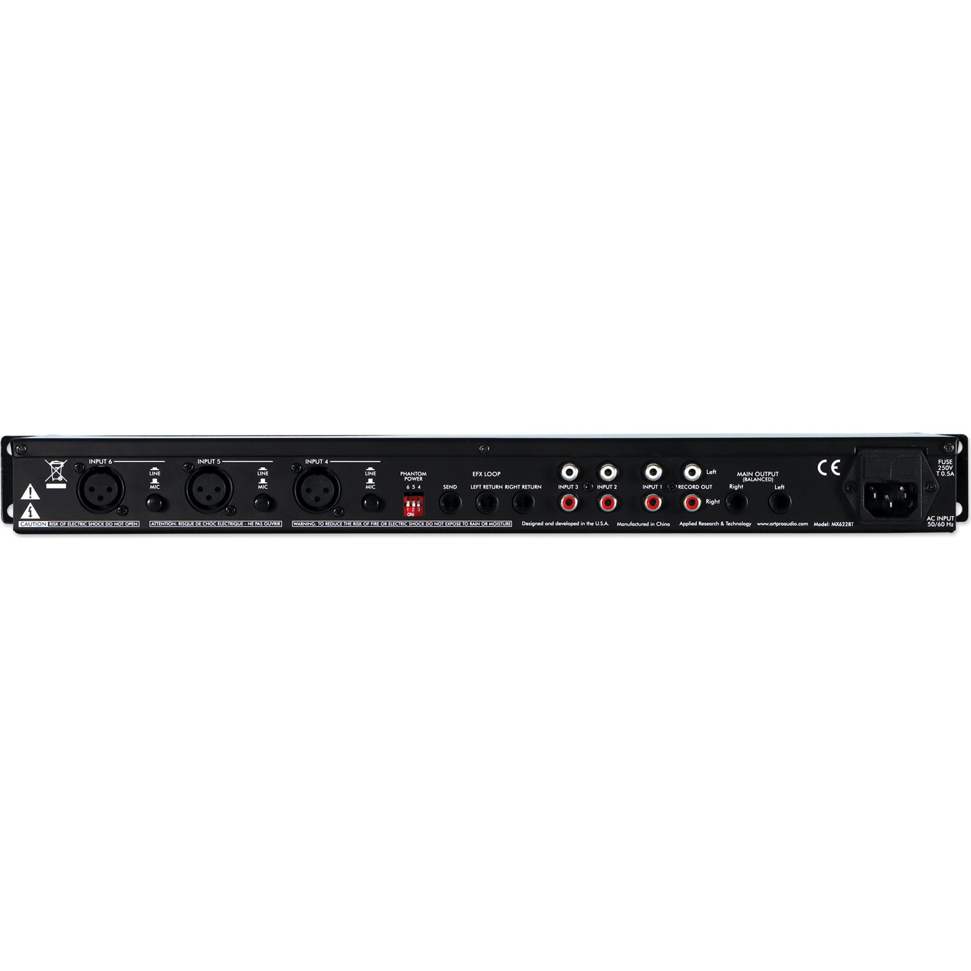 ART MX622BT Rackmount 6-Channel Stereo Mixer with Bluetooth, EQ, and Effects Loop