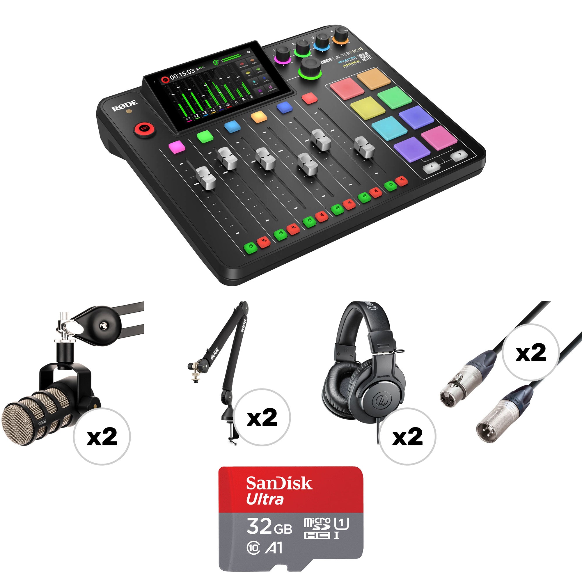 Rode RODECaster Pro II Ultimate 2-Person Podcasting Kit with PodMics, Broadcast Arms & Headphones